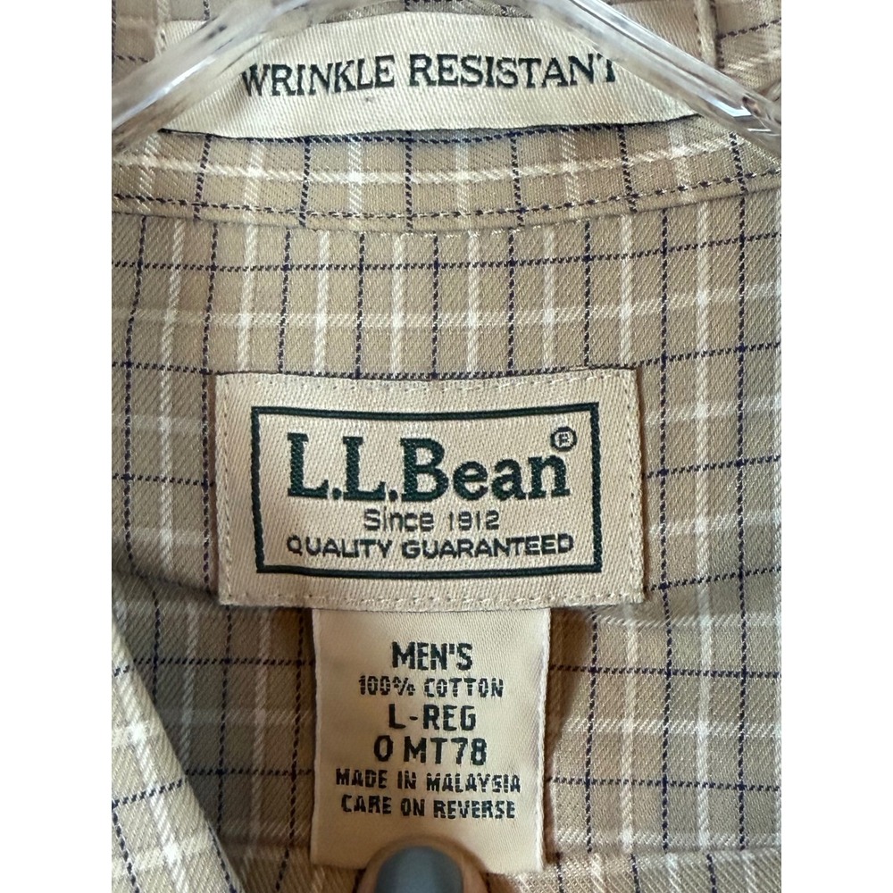 LL Bean Mens Tan Plaid Button Down Shirt Wrinkle Resistant Cotton L-Reg Gorpcore